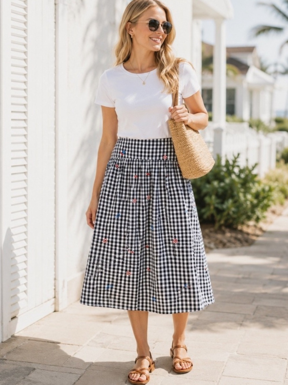 Free Assembly Womens Gingham Nautical Embroidered Midi Skirt Navy White Size 8